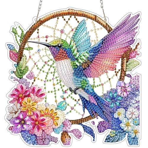 Diamond Painting Anhänger, Bunter Kolibri mit Traumfänger Diamond Paintings Fensterdeko Hängend für Erwachsene, Blumen, Diamant Painting Fensterbilder mit Kette für Fenster Wand und Eingang Decor Diamond Painting Anhänger, Bunter Kolibri mit Traumfänger Diamond Paintings Fensterdeko Hängend für Erwachsene, Blumen, Diamant Painting Fensterbilder mit Kette für Fenster Wand und Eingang Decor von DAERLE