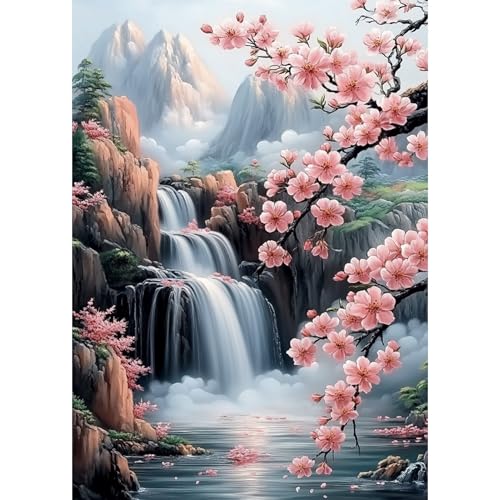 Diamond Painting Erwachsene, Wasserfall und Kirschblüten, Diamant Painting Bilder Schöne Aussicht, 5D Diamond Painting Set für Anfänger, DIY Mosaikherstellung Bastelset für Haus Wanddeko 30x40cm von DAERLE