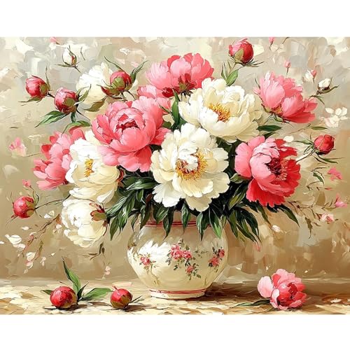 Malen Nach Zahlen Erwachsene, Blühende Pfingstrosen, DIY Handgemalt Ölgemälde Kit für Anfänger und Erwachsene, Mit Acrylfarbe Leinwand und 3 Pinsel Kit 50x40cm, Ohne Rahmen, Rosa und weiße Blumen Malen Nach Zahlen Erwachsene, Blühende Pfingstrosen, DIY Handgemalt Ölgemälde Kit für Anfänger und Erwachsene, Mit Acrylfarbe Leinwand und 3 Pinsel Kit 50x40cm, Ohne Rahmen, Rosa und weiße Blumen von DAERLE