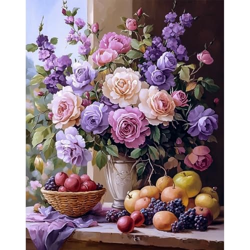 Malen Nach Zahlen Erwachsene, Früchte und Blumenstrauß, DIY Handgemalt Ölgemälde Kit für Anfänger und Erwachsene, Mit Acrylfarbe Leinwand und 3 Pinsel Kit 40x50cm, Ohne Rahmen, Blumenstillleben von DAERLE