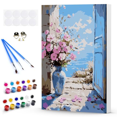 Malen Nach Zahlen Erwachsene mit Rahmen, Rosa Blumen in einer Vase, Paint by Numbers Blaues Meer, DIY Handgemalt Ölgemälde Kit mit Pinseln und Acrylfarben Ölgemälde Leinwand für Home Decor 20x30cm von DAERLE