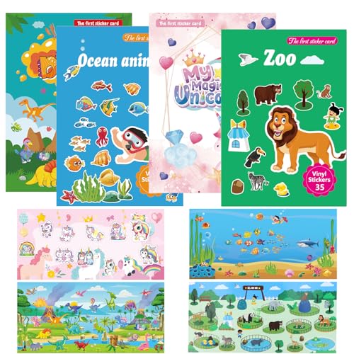 DAGORD 4 Stück Wiederverwendbare Sticker Kinder Stickerbücher Kleinkinder von Zoo Meerestiere Einhorn Dinosaurier - Spielzeug Sticker Wasserfest Stickerbuch für Kinder ab 3 Jahre Mädchen Jungen von DAGORD