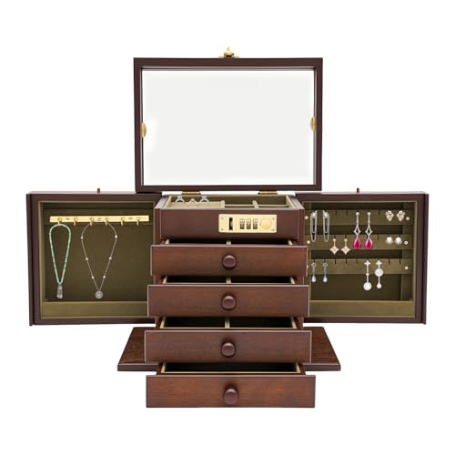 DAHAD 5-stöckigGroße Schmuckschatulle, Schmuckkästchen Holz, Jewelry Organizer, Multifunktionale Aufbewahrungsbox mit Spiegel, Schmuck Aufbewahrung mit 4 Schubladen für Halsketten, Armbänder, Uhren von DAHAD