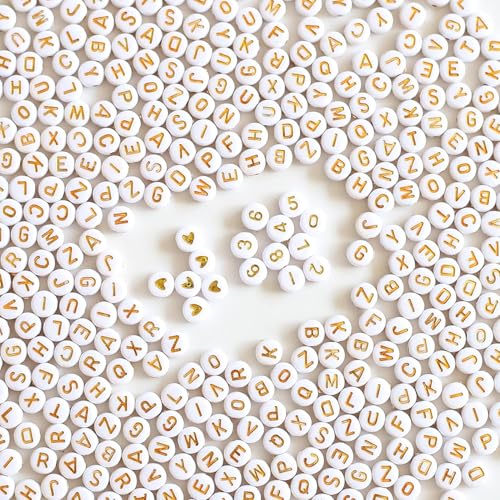 DAHI 1400pcs buchstaben perlen für armbänder selber machen perlen buchstabenz Zahlen perlen acryl rund alphabet perlen zum armbänder und bunte herz perlen für schmuck DIY crafts (Gold) von DAHI