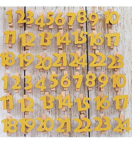DAHI 2 sets Adventskalender Zahlen holz Holzklammern zum Adventskalender Zahlen Nummer 1-24 zum Weihnachtskalender selber basteln für Jutesäckchen, Anstecker Nadeln (wooden) von DAHI