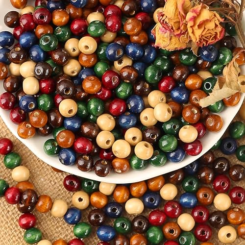 DAHI 500pcs holzperlen in bunt vintage holzkugeln 10mm gemischte Holz perlen mit Loch bastelnperlen für DIY Schmuck Herstellung (bunt-10mm) von DAHI