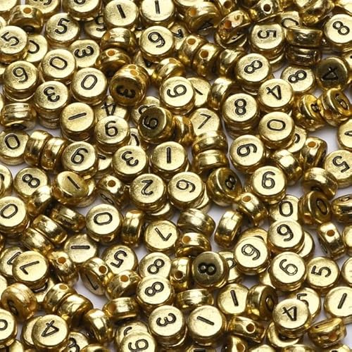 DAHI 800pcs Zahlenperlen Nummerperlen zum Auffädeln Mix 0-9 rund 7mm rund Perlen für DIY-Schmuck und DIY-Projekte (4 * 7 gold) von DAHI