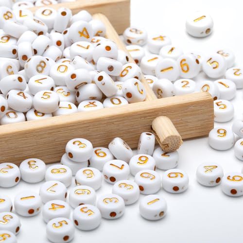 DAHI 800pcs Zahlenperlen Nummerperlen zum Auffädeln Mix 0-9 rund 7mm rund Perlen für DIY-Schmuck und DIY-Projekte (4 * 7 gold-white) von DAHI