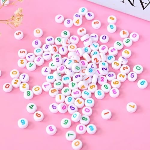 DAHI 800pcs Zahlenperlen Nummerperlen zum Auffädeln Mix 0-9 rund 7mm rund bunt zahlen Weiß Perlen für DIY-Schmuck und DIY-Projekte (4 * 7 color-white) von DAHI