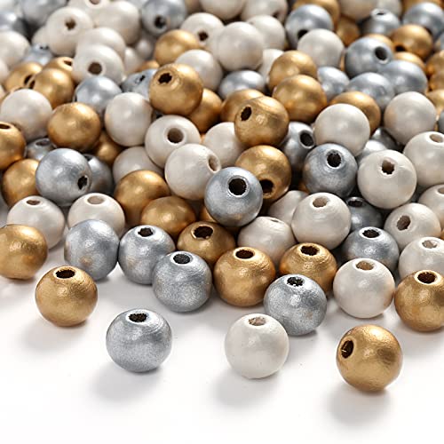 DAHI holzperlen 300pcs perlen mit Loch Gold Silber weiß bastelnperlen für DIY Schmuck Herstellung 3 Farben (12mm) von DAHI
