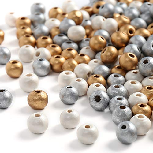 DAHI holzperlen ca.750 pcs perlen mit Loch Gold Silber weiß bastelnperlen für DIY Schmuck Herstellung 3 Farben (8mm) von DAHI