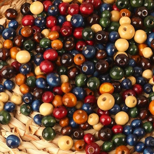 DAHI holzperlen in bunt ca.580pcs vintage holzkugeln gemischte Holz perlen mit Loch 8mm 10mm 12mm bastelnperlen für DIY Schmuck Herstellung (bunt-mix) von DAHI