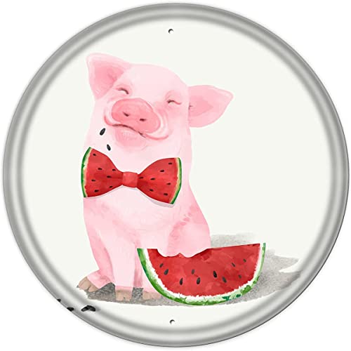 Niedliches rosa Babyschwein mit Wassermelone, Vintage-Stil, rundes Blechschild, Kinderzimmer, Wandkunst, Aquarell, Schwein, Poster, Plakette, Eingangsdekoration, Galerie-Wandschilder, 30,5 x 30,5 cm von DAIERCY