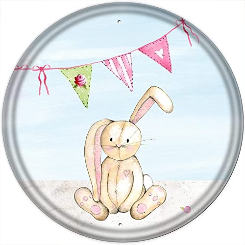 Rundes Blechschild mit Hasenmotiv, Vintage-Stil, Hasenliebhaber, Kinderzimmer, Kaninchen, Wandkunst, Rosa, Kinderzimmer, Babyparty, Dekoration, Geburtstag, Jahrestag, Einweihungsgeschenk, 30,5 x 30,5 von DAIERCY
