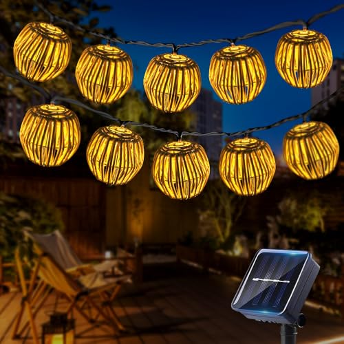 DAJASD 10 Stück Solar Lichterkette Aussen, 2.1m Solar Lampions Außen Wetterfest, 8 Modi Laternen Solarlampen, Papierseil Solar Lichterkette, Solar Rattankugel Lampion für Garten Balkon Hof Hochzeit von DAJASD