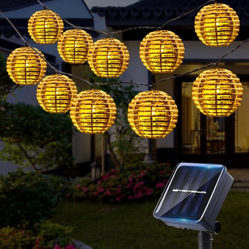 DAJASD 10 Stück Solar Lichterkette Aussen, 3.6m Solar Lampions Außen Wetterfest, 2 Modi Laternen Solarlampen, Papierseil Solar Lichterkette, Solar Rattankugel Lampion für Garten Balkon Hof Hochzeit von DAJASD