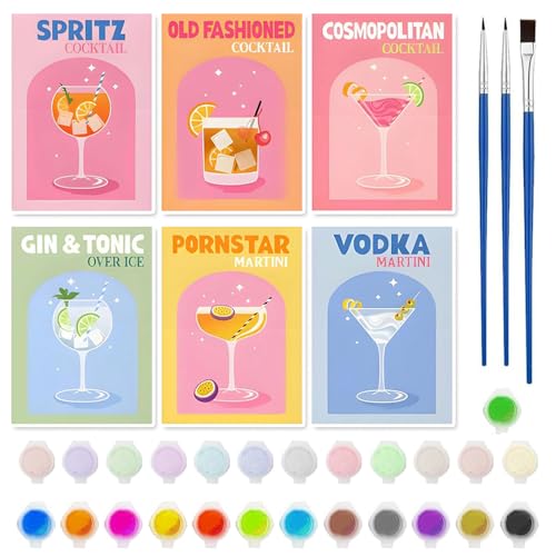 DAJASD 6 Stück Malen Nach Zahlen Cocktail, 20x30cm Paint by Numbers Malen Nach Zahlen, DIY Handgemalt Acrylic Öl Leinwand, Cocktailgläser Digitales Ölgemälde mit Acrylfarben und Pinsel, für Home Decor von DAJASD
