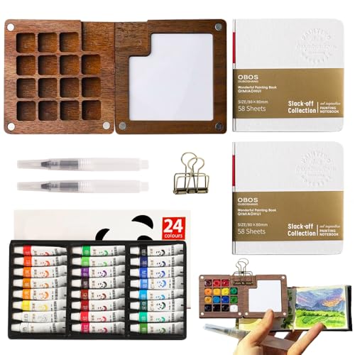 DAJASD Mini Aquarellfarben Sets, 24 Farben Portable Watercolor Palette Set, Tragbare Aquarell Palette, 15 Gitter Skizzenbuch Palette aus Holz, mit 2 Aquarellpapier, 2 Aquarellpinsel, Clips DAJASD Mini Aquarellfarben Sets, 24 Farben Portable Watercolor Palette Set, Tragbare Aquarell Palette, 15 Gitter Skizzenbuch Palette aus Holz, mit 2 Aquarellpapier, 2 Aquarellpinsel, Clips von DAJASD