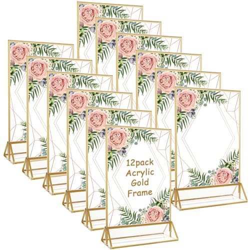 DAJAVE 12 Stück 10X15CM Goldener Doppelseitiger Bilderrahmen A6 Tischkartenhalter Goldrahmen für Hochzeit, Acryl Gold Tischaufsteller Aufsteller A6 für Hochzeit Tischnummern (Gold, 10X15CM) von DAJAVE