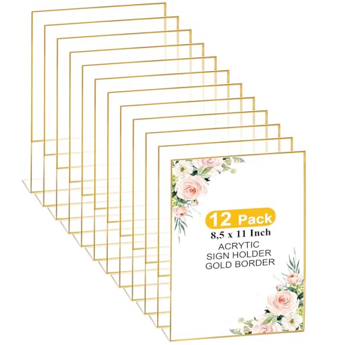 DAJAVE 12 Stück Tischaufsteller Schräg, Thekenaufsteller A4 Bilderrahmen Gold Doppelseitiger, Acryl Gold Tischaufsteller Aufsteller A4 für Hochzeit Tischnummern, Speisekartenhalter (Goldn von DAJAVE