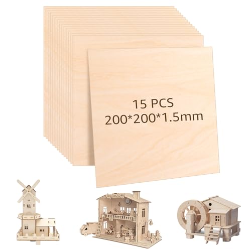 DAJAVE 15 Stück Sperrholz 1.5mm Sperrholzplatte 200x200 mm Holzplatten zum Basteln Unfertige Lindenholz, Sperrholzplatten für Laserprojekte, Spannplatte Sperrholz für Modellbau Kunst und Handwerk von DAJAVE