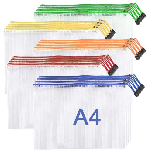 DAJAVE 20 Stück Dokumententasche A4 Bunte Dokumentenmappe mit Reißverschluss Wasserdicht A4 Mesh Dokumententaschen für Papier, Quittungen, Datei Plastic Zip (5 Farben, 20PCS) von DAJAVE
