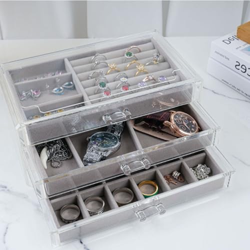DAJAVE Azonelife Acryl Schmuckschatulle mit 3 Schubladen Ohrring Aufbewahrungs Schmuckkästchen für Damen, Schmuckaufbewahrung Organizer für ohrringe Ring Jewellery Organizer Grau von DAJAVE