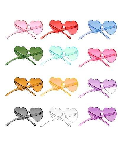 12er Set Gafas de Fiesta Partybrillen | Herzförmige & Bunte Sonnenbrillen | Ohne Rahmen & Hippie-Design | Perfekt für Karneval, Weihnachten, Stylische Accessoires für Kostümpartys (Bonbonfarben) von DAJOOEE