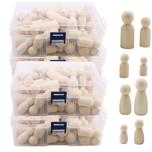 DAKFOOK 200 Stück Holzfiguren Puppen, 4 Größen, Holzpuppen in Menschenform, mit Aufbewahrungsbox, unlackierte Holzklammer Puppen zum Malen, Basteln und Dekorieren, 33/43/53/65 mm von DAKFOOK