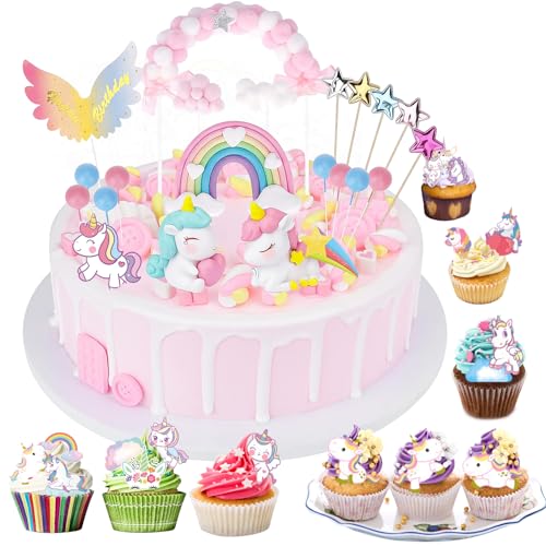 100 Stück Einhorn Tortendeko Geburtstag Set, Cartoon Kuchen Topper mit Einhorn Glutinous Rice Paper, Einhorn Regenbogen Tortendeko, Torte Deko für Jungen und Mädchen, Geburtstagspartyzubehör von DALAETUS