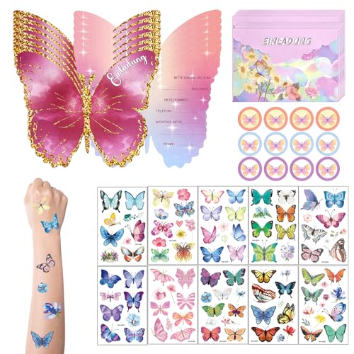 136 Stück Schmetterling Einladungskarten Kit, Einladungen mit Umschlag, Tattoo Aufkleber, Runder Aufkleber für Party Geburtstag von DALAETUS