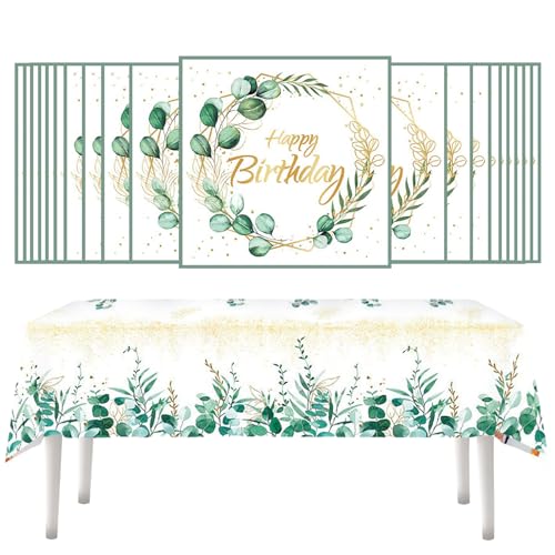 21 Stück 33 * 33cm Eukalyptus Servietten Geburtstag Set, 130 * 220CM Grüne Tischdecken Happy Birthday für Deko Tischdeko, Servietten Happy Birthday um Eukalyptus Weiß für Deko Geburtstag, Themenparty von DALAETUS