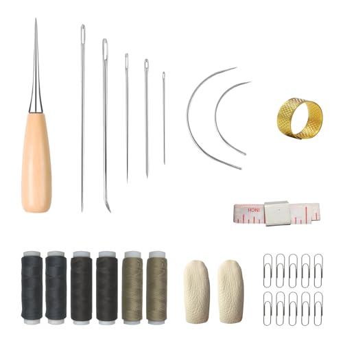 28 Stück Hand Leder-Nähset Set, Leder Werkzeug mit Nähahle, Leder Nähnadeln, Nähgarn, Kausche Fingerhalter, weiches Lineal usw, Hochleistungs-Nähset für Reparaturen, Handnähen, DIY-Lederhandwerk von DALAETUS