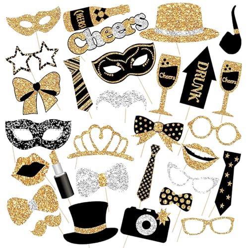 30 Stück Party Foto Requisiten Set, Fotoautomat Requisiten für Hochzeit, Abschlussball, Halloween, Weihnachtsparty,Party, mit Hut Krawatte Lippenstift Dekoration(Schwarz Gold) von DALAETUS