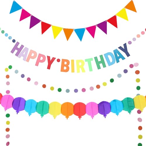 4 Stück Happy Birthday Banner Set, 1 Geburtstag Deko mit 1 Fähnchen und 1 Kreis-Papiergirlande und 1 Luftballon-Förmigen Papiergirlande, Geburtstagsbanner von DALAETUS