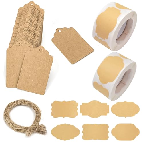 600 Stück Natur-Braun Etiketten Set mit Kartenanhänger, Etiketten Selbstklebend, 6 Muster Aufkleber Zum Beschriften, Unregelmäßige Klebeetiketten für Marmelade Geschenkaufkleber Flasche(2 Rollen) von DALAETUS