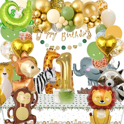 64-teiliges Dekorationsset zum 1. Geburtstag, Dschungel-Thema, Safari-Folienballon mit Dschungeltier-Safari-Tischdecke für Geburtstagsparty von DALAETUS