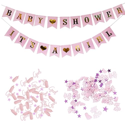 Baby Shower Konfetti und Banner Set, Dekoration für Baby Shower, Babyparty Deko Mädchen Rosa, Baby Shower & It's a Girl Banner für Baby Shower Party, Girl Gender Reveal Party von DALAETUS