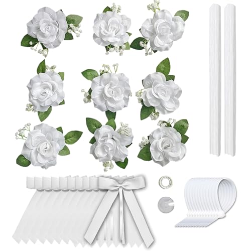 DALAETUS 35 Stück Autoschmuck Hochzeit Set, Valentinstag Rose Deko mit 9 Wunderschönen Seidenblumen und 10 Schleifen, Autoschmuck Braut für Liebhaber, Hochzeit Party, Weiß von DALAETUS