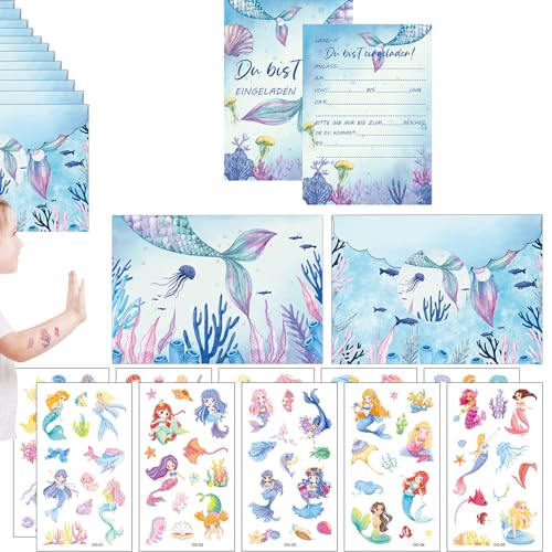 DALAETUS 46 Stück Einladungskarten Meerjungfrau Set mit Briefköpfe， Meerjungfrau Sticker und Tattoo Aufkleber, Einladungskarten Geburtstag für Mädchen, Jungen von DALAETUS