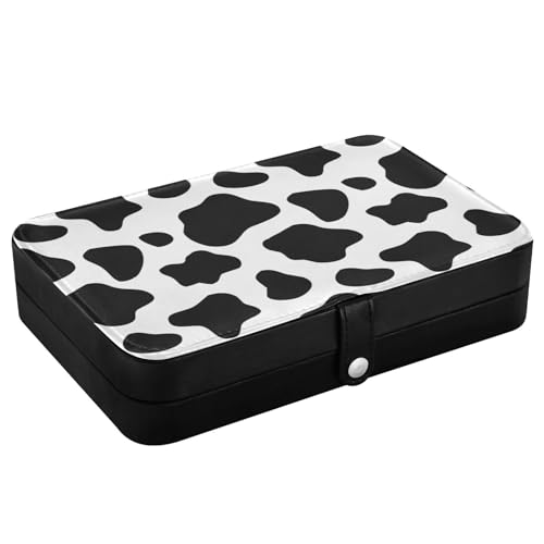 DALAWU Reise-Schmuckschatulle, schwarz-weiß, Kuhdruck, tragbar, PU-Leder, kleiner Schmuck-Organizer für Damen und Mädchen, Schmuckaufbewahrung, Halter für Ring, Anhänger, Ohrringe, Halskette, Armband von DALAWU
