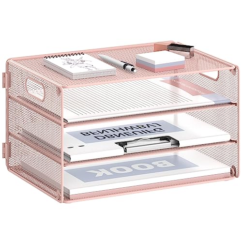 DALTACK Briefablage mit 3 Ebenen, Papier-Organizer mit Griff, Netzstoff, Schreibtisch-Organizer für Schule, Büro, Zuhause, Metallnetz, Rosa von DALTACK