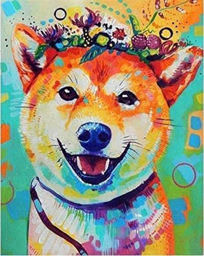 DALWI Malen nach Zahlen für Erwachsene DIY Malen nach Zahlen für Erwachsene Kunst Shiba Inu Hund trägt Blumen Acryl Stress Weniger Geschenke Heimdekoration 40 x 50 cm von DALWI