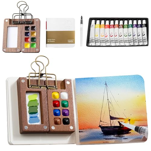 Mini Aquarell Set, 8 Gitter Tragbare Mini Palette, Pocket Aquarell Set aus Holz, Skizzenbuch Palette Reiseset mit Binder-Clips, Aquarellpapier, Aquarellpinsel Stifte, für Künstler & Studenten von DAMIGHT