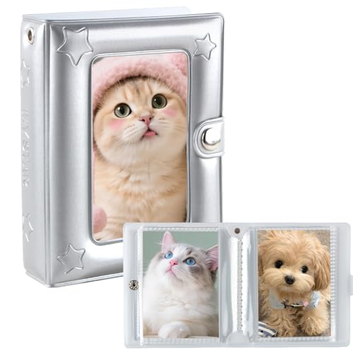 3 Zoll Silber Fotoalben, Mini Fotoalbum Klein Bilderbuch für Fotos Lackleder Stern Postkartenalbum Bilderbücher mit 20 Seiten und 40 Taschen Postkartenhalter Fotoalbum Scrapbook Alben von DAMOWANG