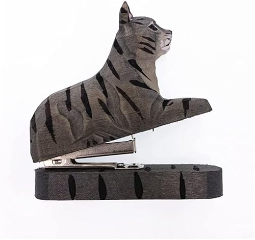 DANNMPX Hefter Handgemachter Holzschnitz-Tierhefter Mit 1000 Heftklammern for Schule, Büro, Schreibwaren, Kinder, 12 Blatt Tacker BüRo(Gray-cat) von DANNMPX