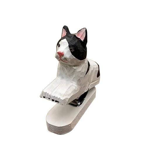 DANNMPX Hefter Handgemachter Holzschnitz-Tierhefter Mit 1000 Heftklammern for Schule, Büro, Schreibwaren, Kinder, 12 Blatt Tacker BüRo(White-cat) von DANNMPX