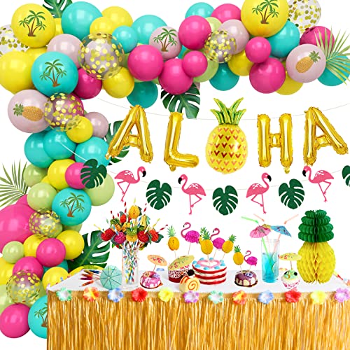 Hawaiianische Party Dekorationen Set, Hawaiian Luau Gras Tischröcke mit Hawaii Ballon Girlande, Flamingo Ananas Kuchenabdeckung, Obststrohhalme für BBQ Tropische Garten Party Deko von DANXIAN