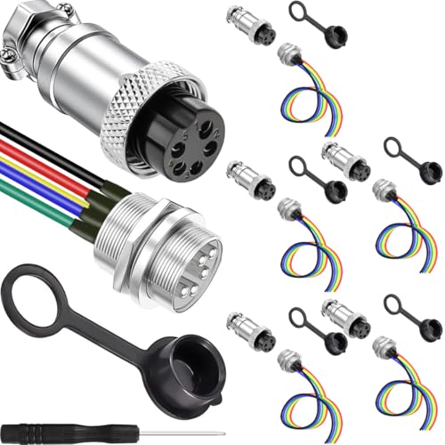 DAOKAI GX16 Aviation Stecker,5Pins Luftfahrt Stecker,16mm Gewinde Round Metall Kabelverbinder Stecker/Buchse Connector mit wasserdichten Kappen - 6 Stk von DAOKAI