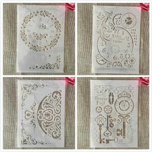 Schablonen zum Malen, 4 Stück, A4, 29 cm, Vintage-Stil, Uhrwerk, Schlüssel, Kunst-Schablonen zum Basteln, wiederverwendbar, Schichtvorlagen-Set, Farbe auf Holz, Wand, Leinwand Schablonen zum Malen, 4 Stück, A4, 29 cm, Vintage-Stil, Uhrwerk, Schlüssel, Kunst-Schablonen zum Basteln, wiederverwendbar, Schichtvorlagen-Set, Farbe auf Holz, Wand, Leinwand von DAOTUNGWDHUO